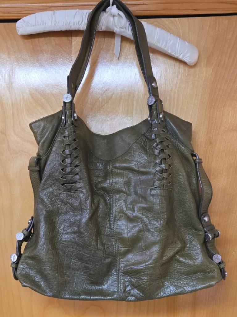 B. Makowsy Leather Olive Green Shoulder Bag Braided Handles And Ruched Details